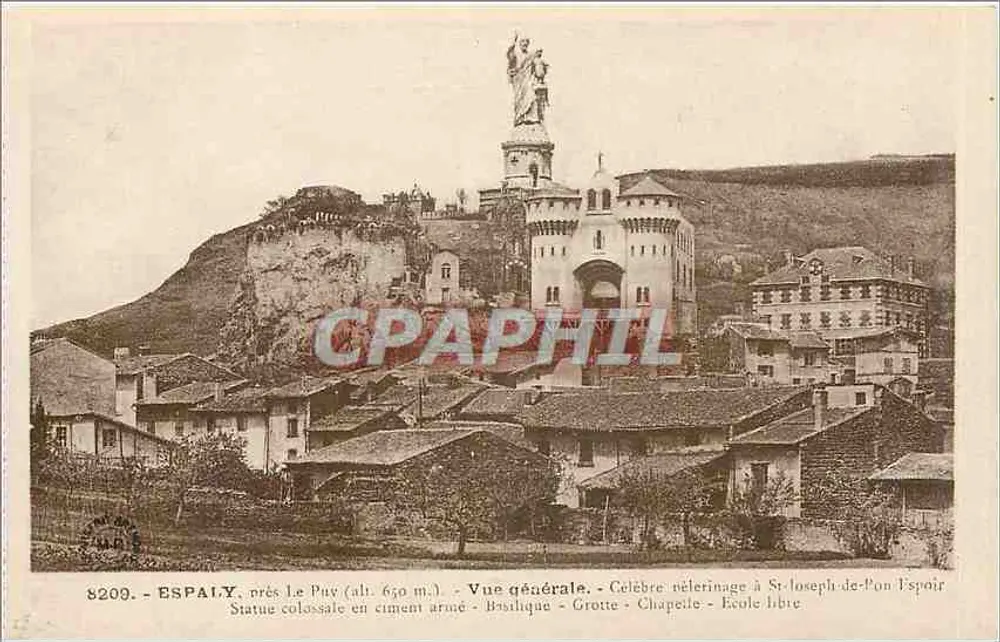 Espaly, nahe Le Puy — Allgemeiner Blick — Kolossale Stahlbetonstatue — Basilika — Höhle — Kapelle — Freie Schule - Vorderseite