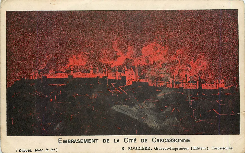 Embraselement de la Cité de Carcassonne — vue en rouge monochrome — E. Roudière, Graveur-Imprimeur (Éditeur), Carcassonne - Frente