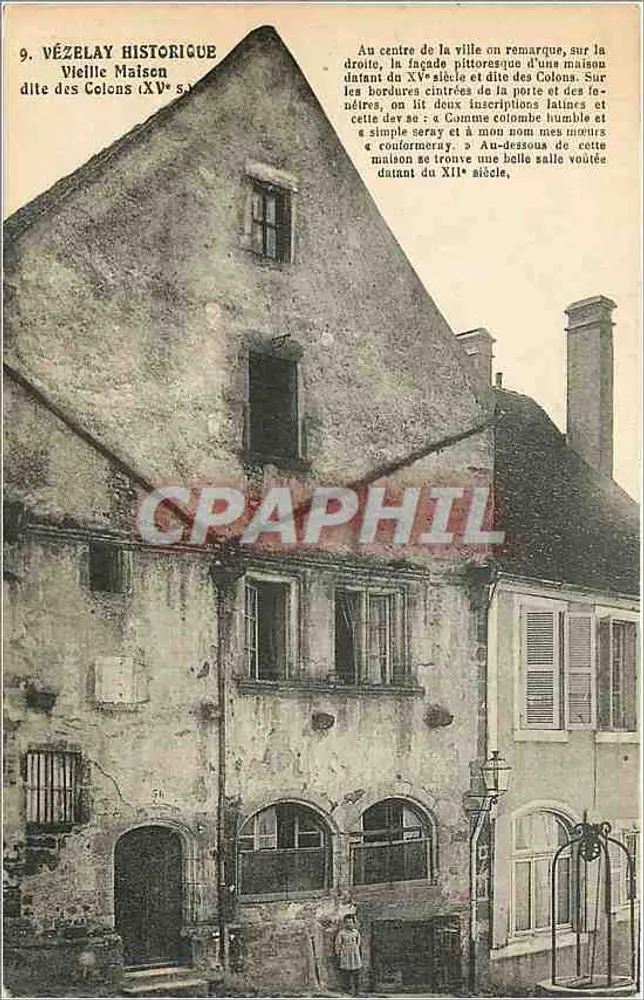 Vézelay Historique — Vieille Maison dite des Colons (XVe siècle) — Lib. Pap. Ravier, éditeur d'Avallon - Recto