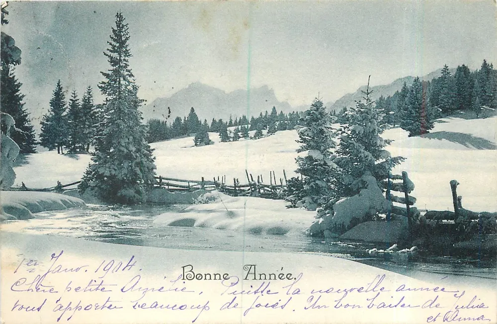 Paisagem invernal nevada — Boa Ano 1914 — Beriquet e filhos, Genebra, No. 77 - Frente