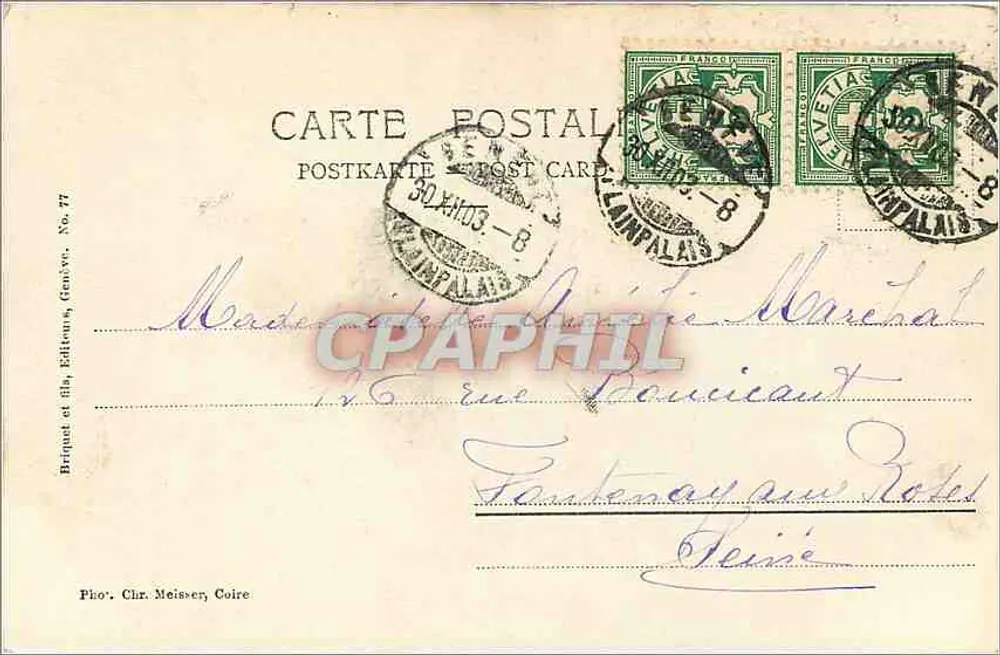Paisagem invernal nevada — Boa Ano 1914 — Beriquet e filhos, Genebra, No. 77 - Verso