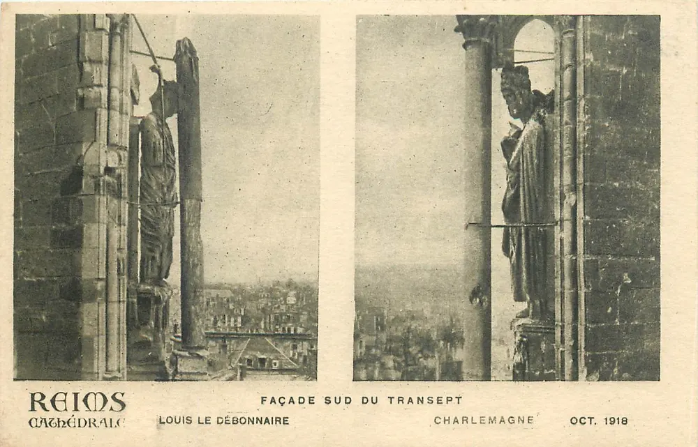 Reims - Kathedrale — Südseite des Querbaus und Statue Karls des Großen — Louis Le Débonnaire, Oktober 1918 - Vorderseite