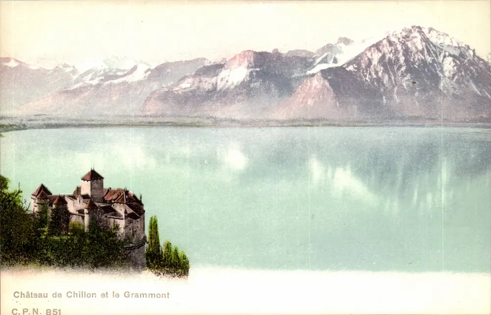 Castelo de Chillon e o Grammont — vista lacustre com montanhas nevadas — C.P.N. 851 - Frente
