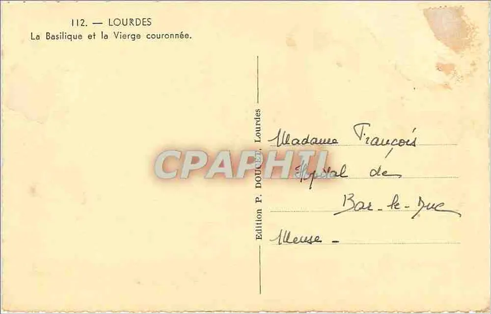 Lourdes — La Basilique et la Vierge couronnée — Édition P. Doucet, Lourdes, n°112 - Verso