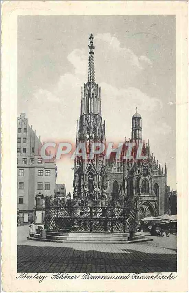 Nürnberg — Schönbrunnen und Frauenkirche — Echte Kupferstichdruck - Vorderseite