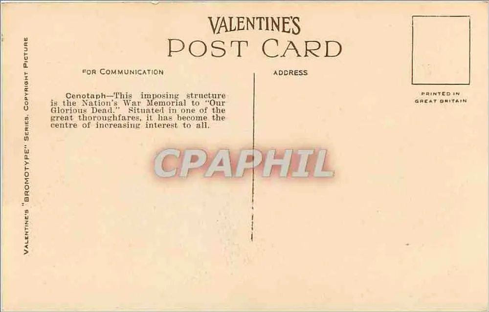 Der Cenotaph und Parliament Street, London — Valentine's 'Bromotype'-Serie Nr. 85075 - Rückseite