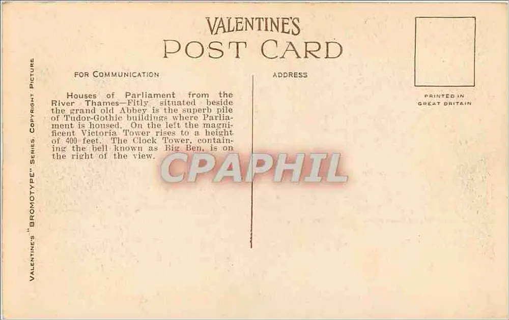 Häuser des Parlaments, London — Ansicht von der Themse — Valentine's Bromotype Series, n° 87176 - Rückseite