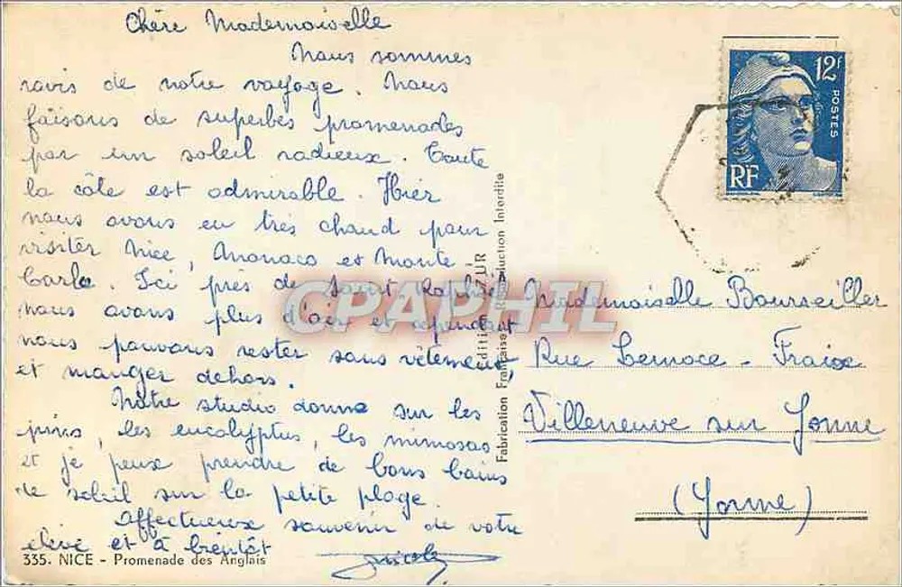 Nice - Promenade dos Ingleses — vista panorâmica — Bilhete postal antigo n°355 - Verso