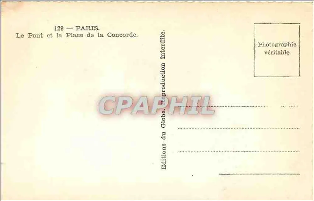 Paris — The Bridge and the Place de la Concorde — Éditions du Globe, No 129 - Back