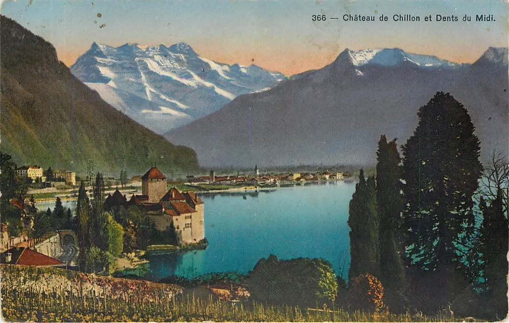 Castelo de Chillon e Dentes do Meio — vista lacustre — Sociedade Gráfica Neuchâtel, n° 366 - Frente