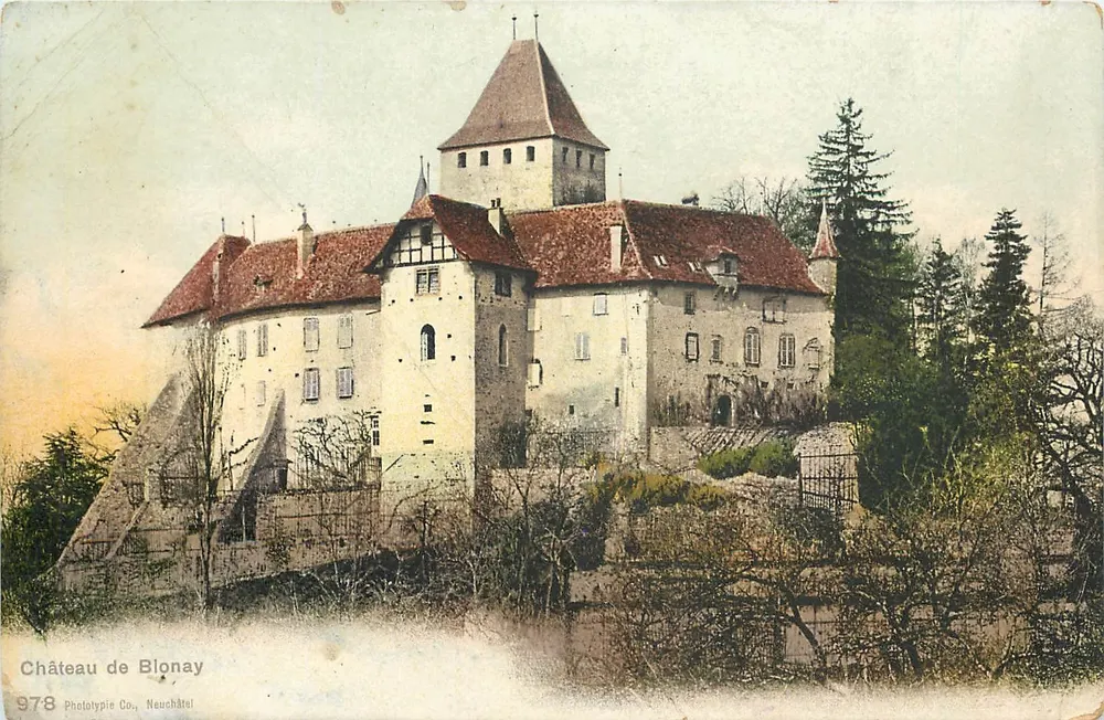 Castelo de Blonay — vista do castelo em um promontório — Phototypie Co., Neuchâtel, n° 978 - Frente