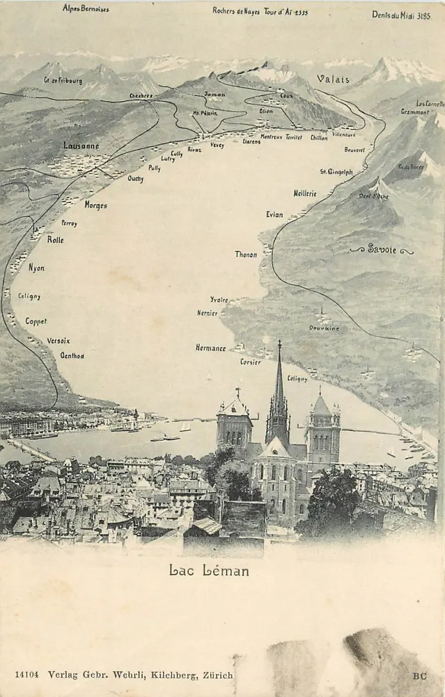 Jezioro Leman — widok panoramiczny z kościołem — Verlag Gebr. Wehrli, Kilchberg, Zürich, nr 14104 - Awers