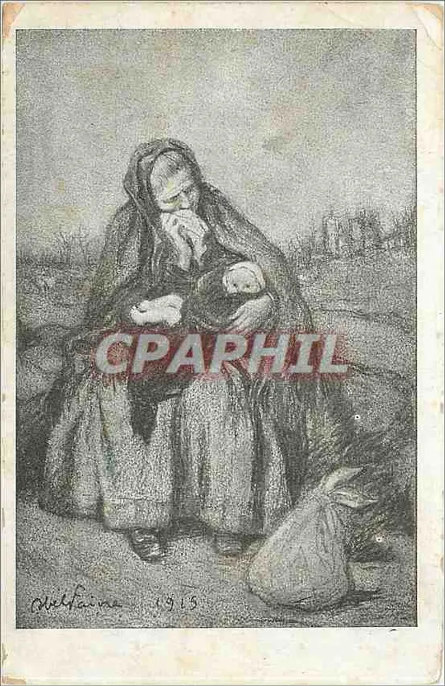 Mãe segurando seu filho — gravura de M. Helfaine (1915) — edição Jornada Francesa do Socorro Nacional - Frente