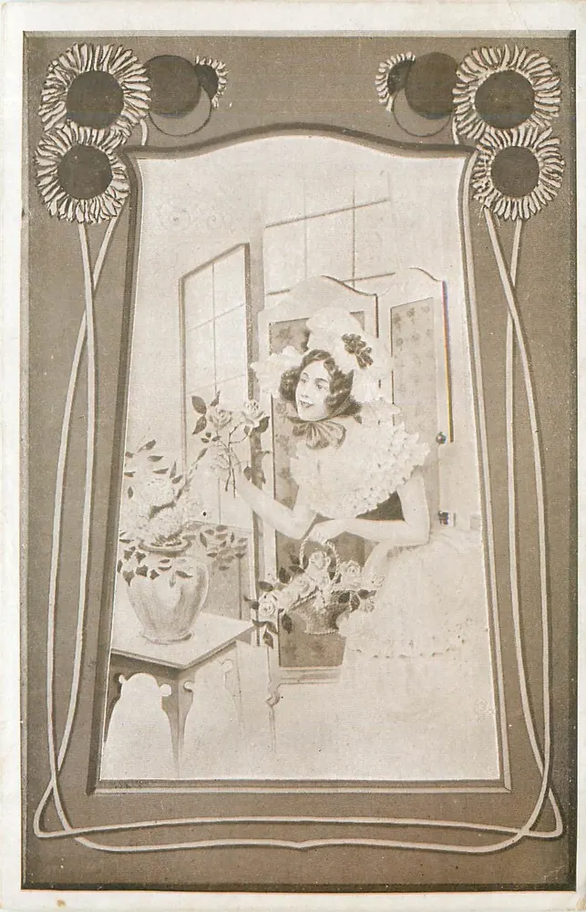 Mulher com flores — decoração Art Nouveau com girassóis — cartão postal anônimo - Frente
