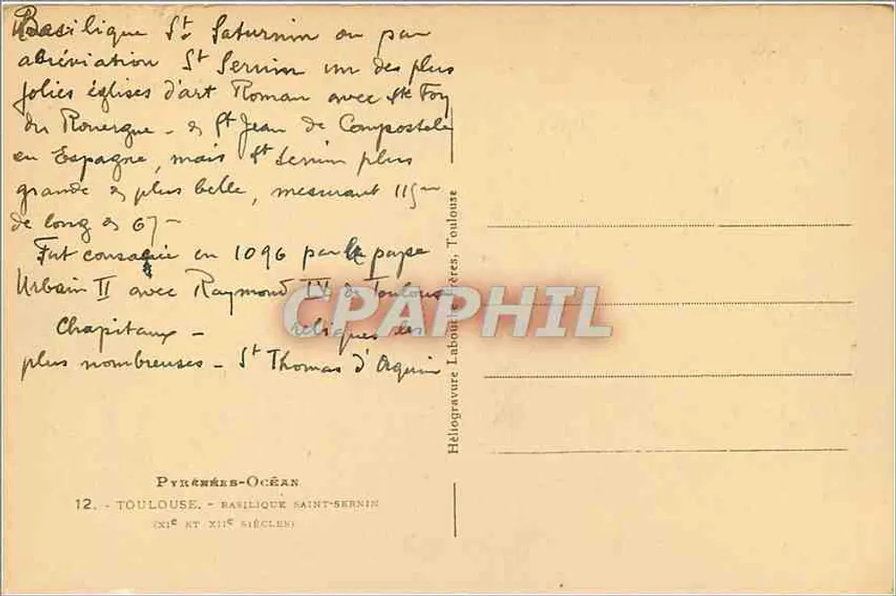 Toulouse — Basílica de São Sernim — Héliogravure Labouret - Verso