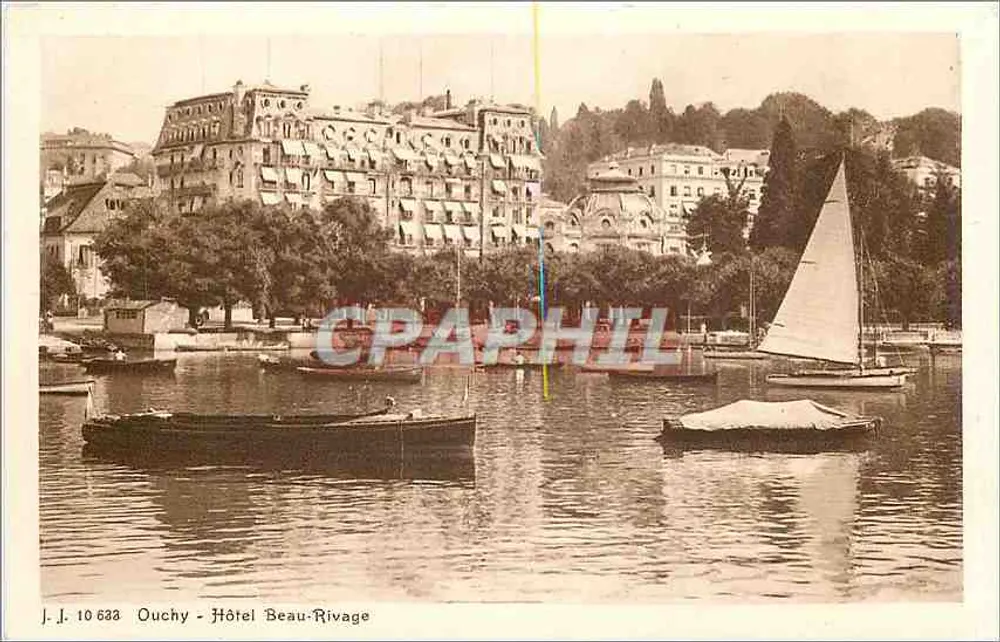 Ouchy - Hotel Beau-Rivage — vista lacustre com barcos a vela — J.J. n° 10 633 - Frente