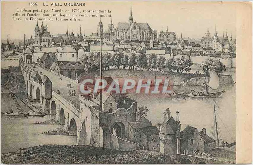 O Velho Orléans — Pintura de Martin em 1741, representando a cidade e o antigo ponte sobre o qual se vê o monumento erguido em homenagem a Joana d'Arc — editor não visível - Frente