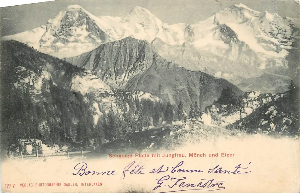 शाइनिगे प्लैटे सहित जुंगफॉउ, मॉन्च और एइगर — फोटोग्राफी गैबलर प्रकाशक, इंटरलैकन, संख्या 377 - आगे