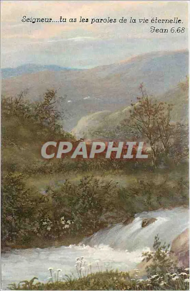 Paysage de montagne avec cascade — texte biblique Jean 6.68 — éditeur Fratini & Ballerini, n°461 - Recto