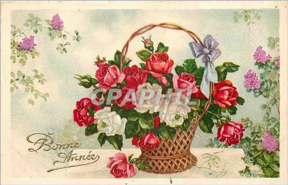 रूबर्ड गुलाबों का बौक्वेट — शुभकामना कार्ड — जे. डू लूवर, पेरिस - आगे