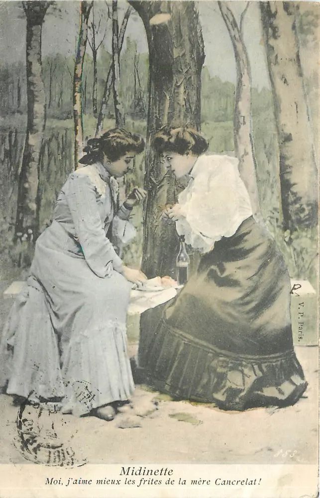 Zwei Frauen im Wald — Scherz über die Pommes der Mutter Cancrelat — V.A.P. Paris, n° 183 - Vorderseite