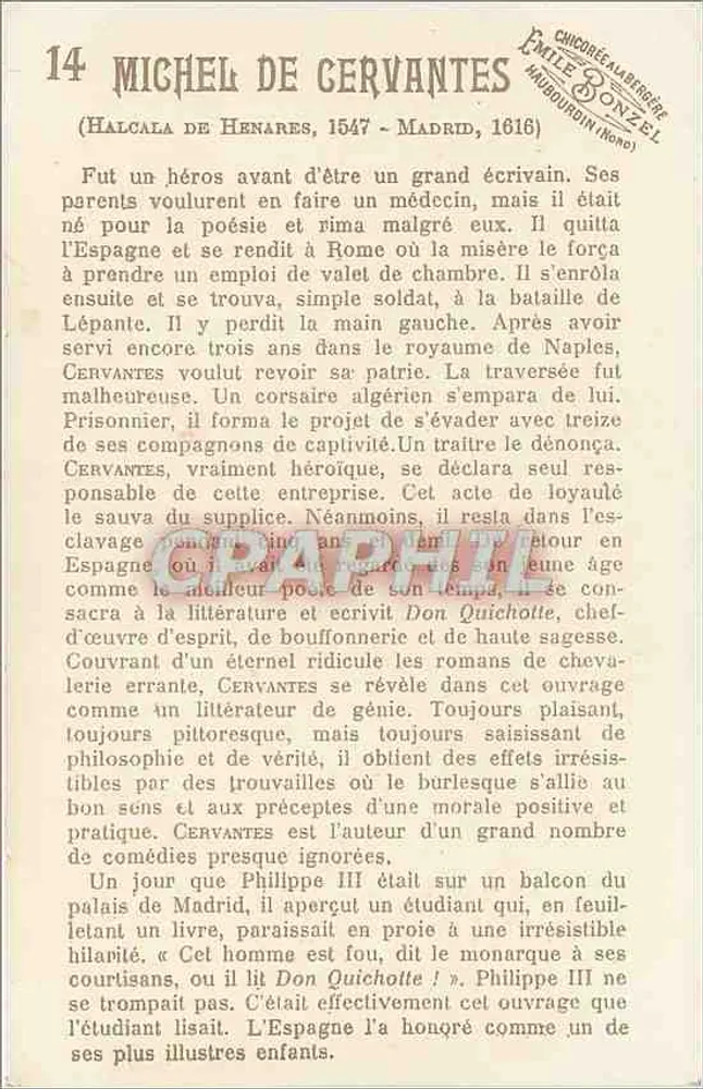 Miguel de Cervantes — Verlag J. Girven, Druckerei Toulicuef, Paris — Nr. 14 - Rückseite