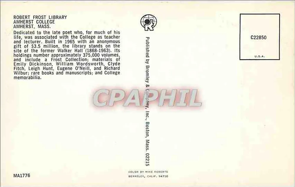 Biblioteca Robert Frost — Amherst College — editore Bromley & Company - Verso