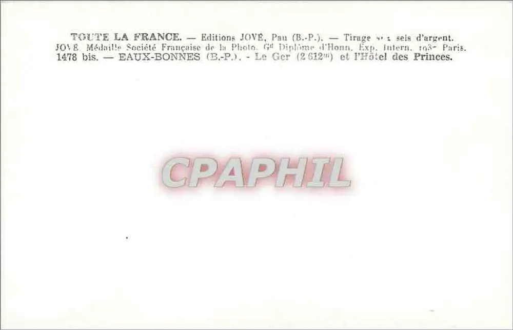 Eaux-Bonnes — Le Ger (2612m) e o Hotel dos Príncipes — Edições JOVE, Pau (B.P.) - Verso