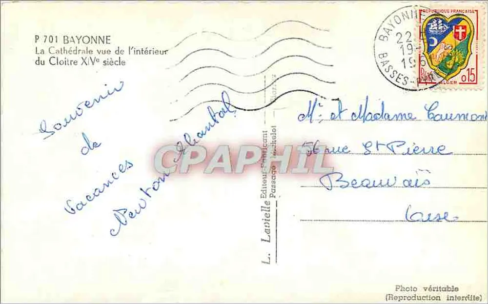 Bayonne — Cathédrale vue de l'intérieur du Cloître XIVe siècle — L. Lavielle, P 701 - Verso