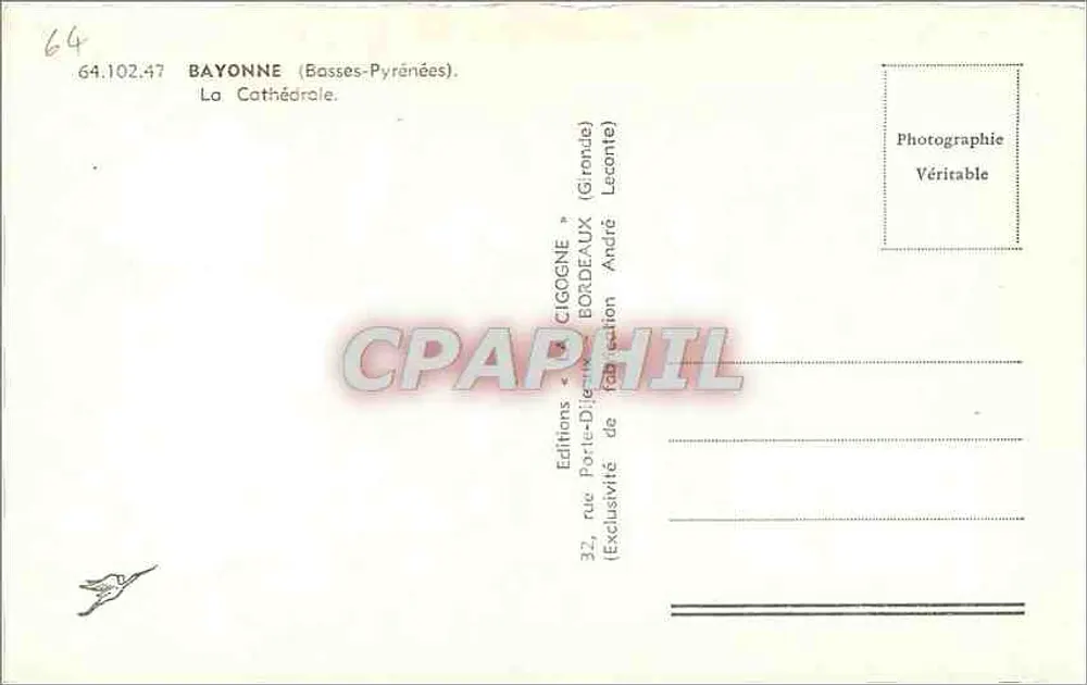 Bayonne — La Catedral — Éditions Cigogne, Burdeos - Reverso