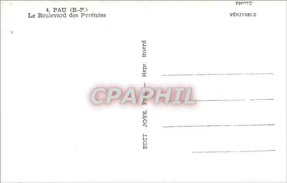 Pau (B.P.) — O Boulevard dos Pirineus — Édit. Jové, Pau - Verso
