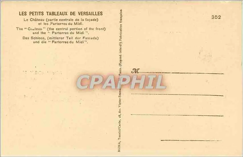 Schloss Versailles — zentrale Teil der Fassade und die Parterres du Midi — Verlag MONA, Nr. 352 - Rückseite