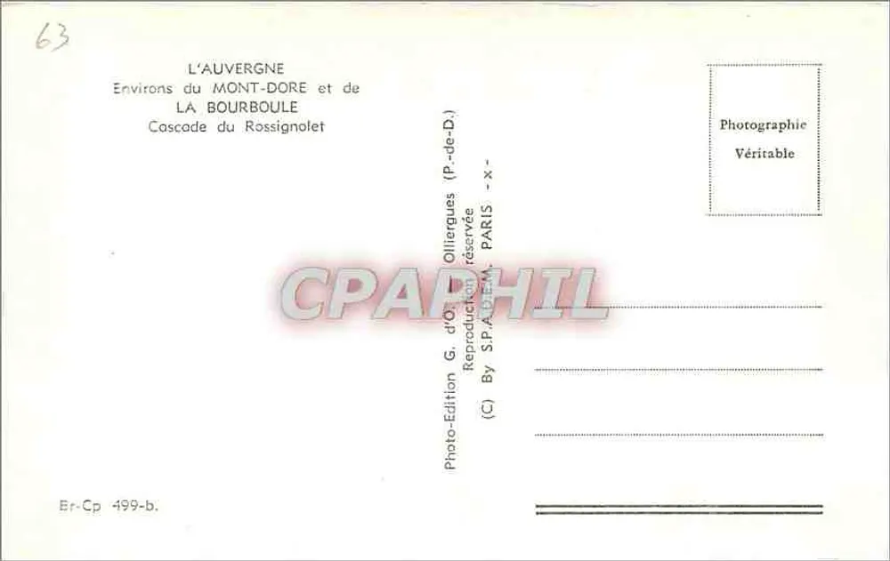 Cascata do Rossignolet — Arredores do Mont-Dore e de La Bourboule — Edição G. d'Olliergues, Paris - Verso