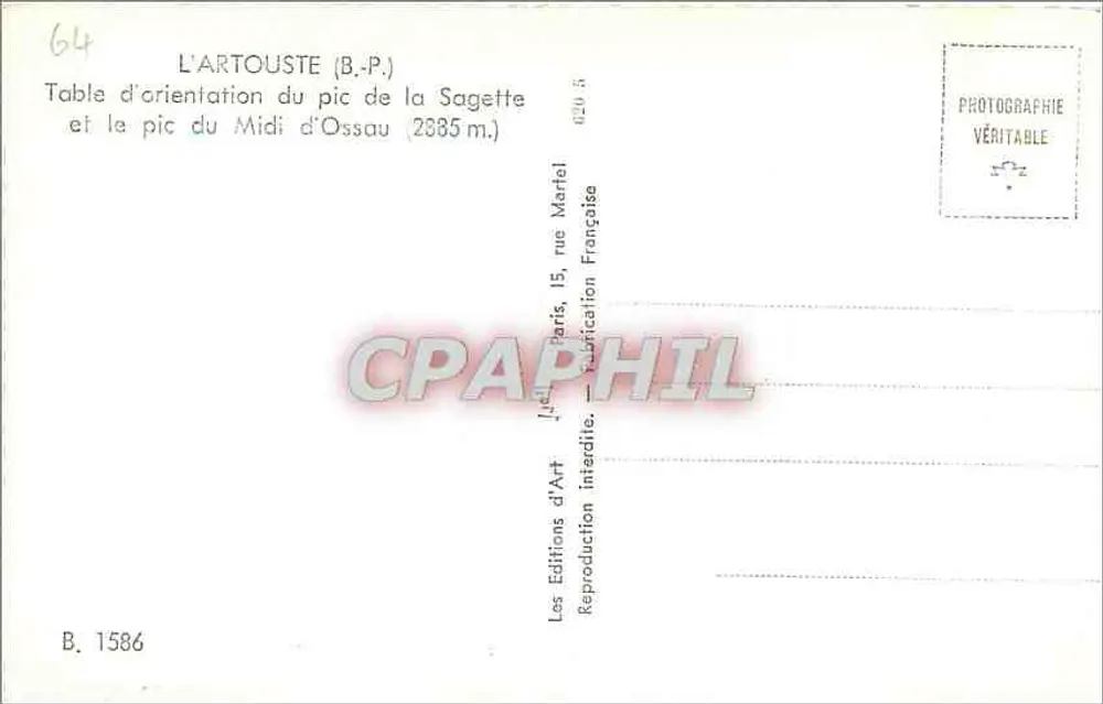 L'Artouste (B.-P.) — Orientierungstafel des Gipfels der Sagette und des Gipfels des Midi d'Ossau (2885 m.) — Les Éditions d'Art, Paris, 15, rue Marial - Rückseite