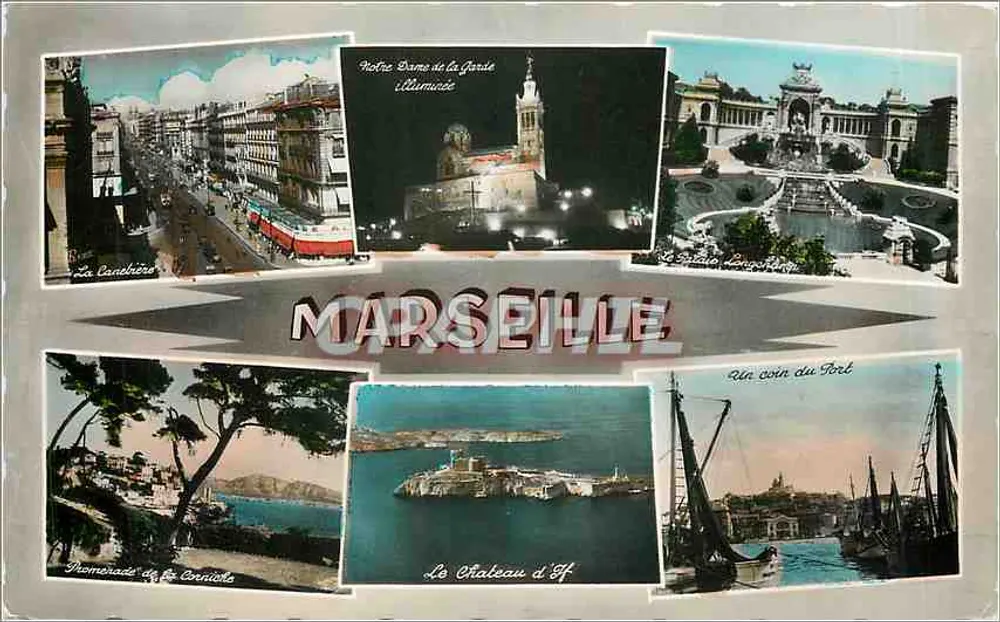 Marseille — Vue panoramique avec six scènes — Le Carrefour du Monde, Marseille - Frente