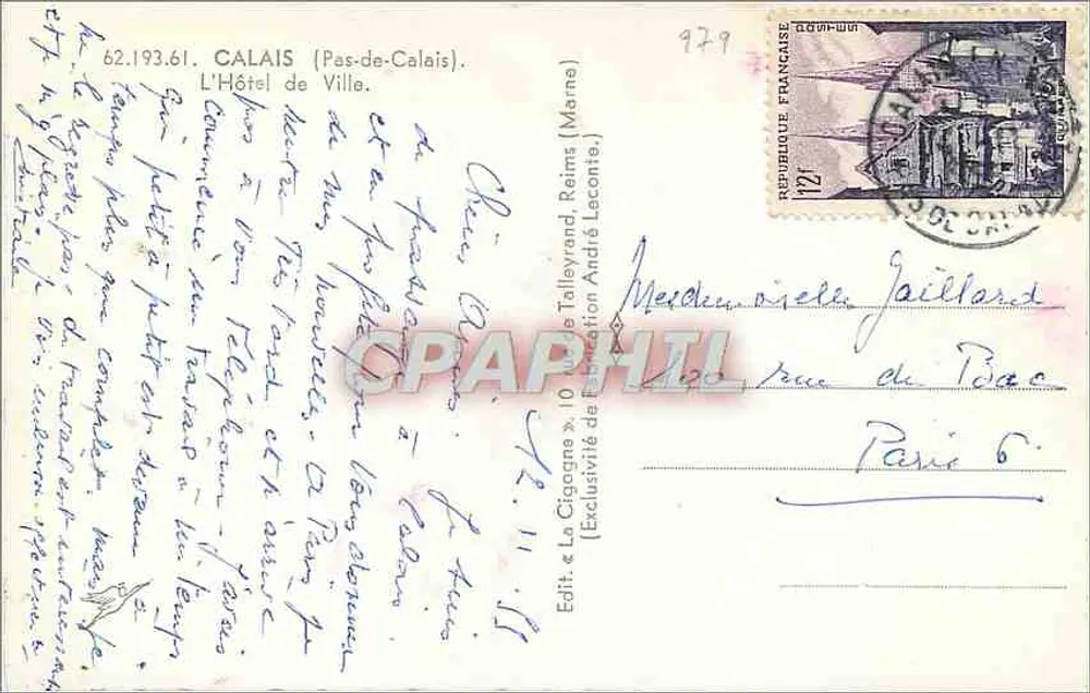 O Hotel de Ville de Calais — A Cigogne — Edição André Talleyrand - Verso