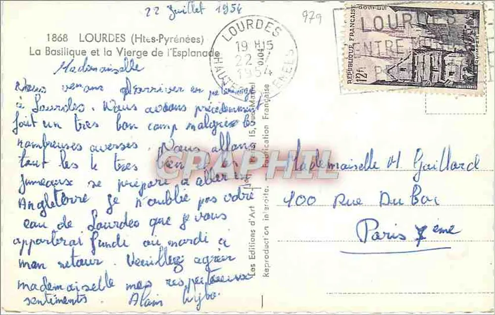 Lourdes — Basilique et la Vierge de l'Esplanade — Éditions d'Art 927 - Verso
