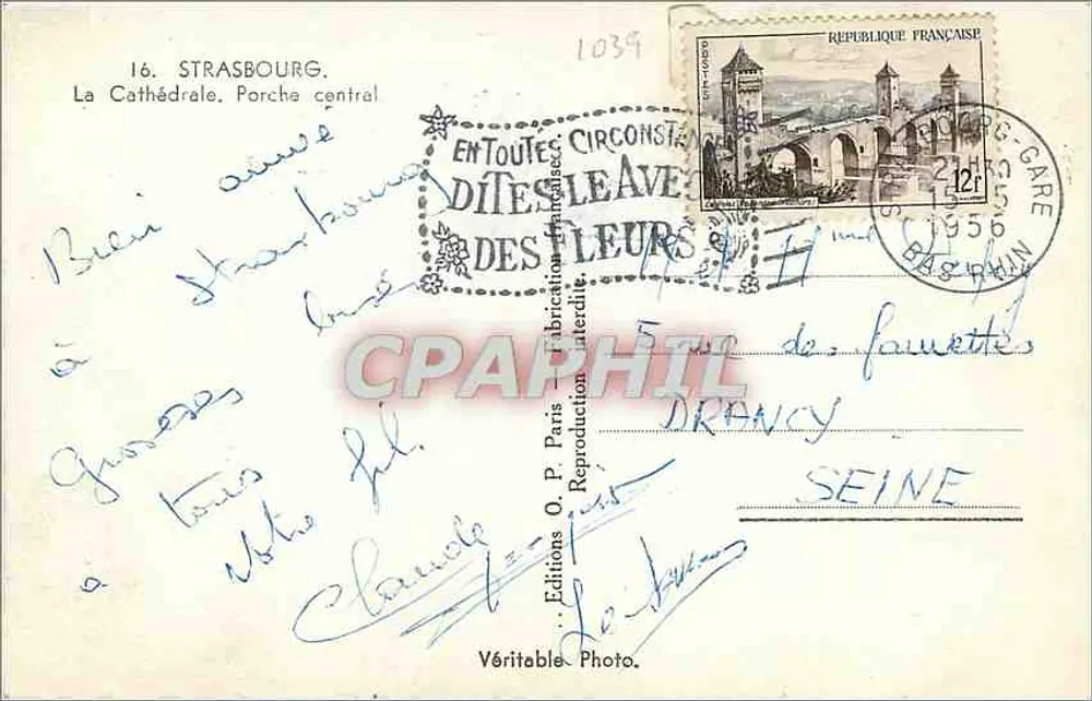 Estrasburgo — Catedral, Portal central — Edições O.P. Paris, n°16 - Verso