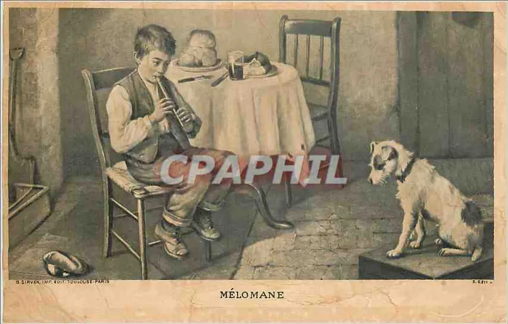 Mélo manne — cena interior com menino tocando flauta e cachorro — S. Sirven, Imp. Edit. Toulouse, Paris, n° 621 - Frente