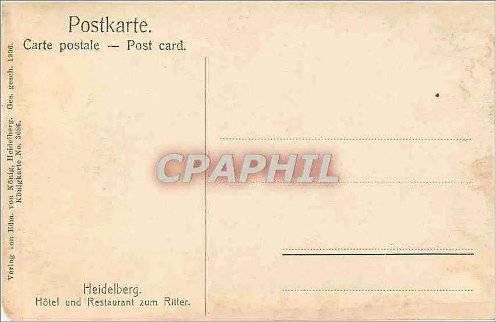 Hôtel et Restaurant zum Ritter — Heidelberg — Verlag von Edm. von König, Heidelberg, N° 3086 - Verso
