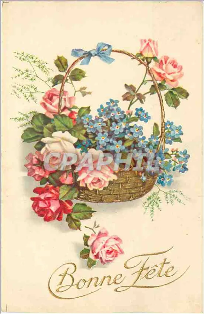 Bouquet van rozen en blauwe bloemen — Gelukkige verjaardag — Drukkerij van Parijs - Voorkant