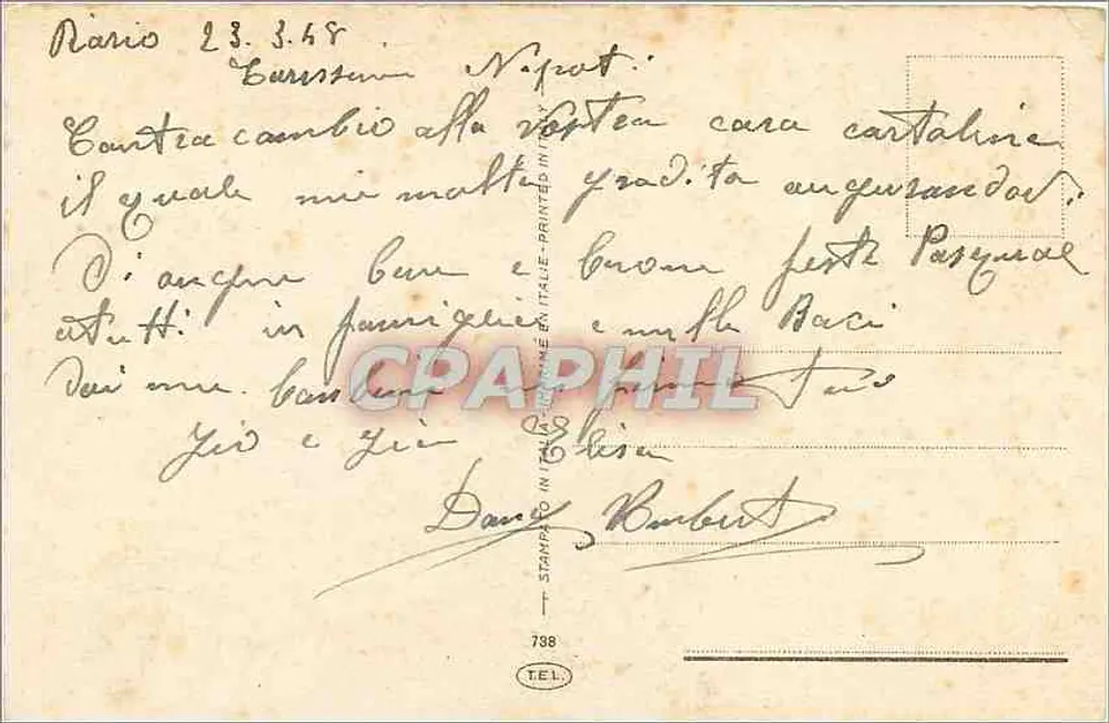 Anjo e anjo com galhos — Buona Pasqua — editor desconhecido, n° de série 739 - Verso