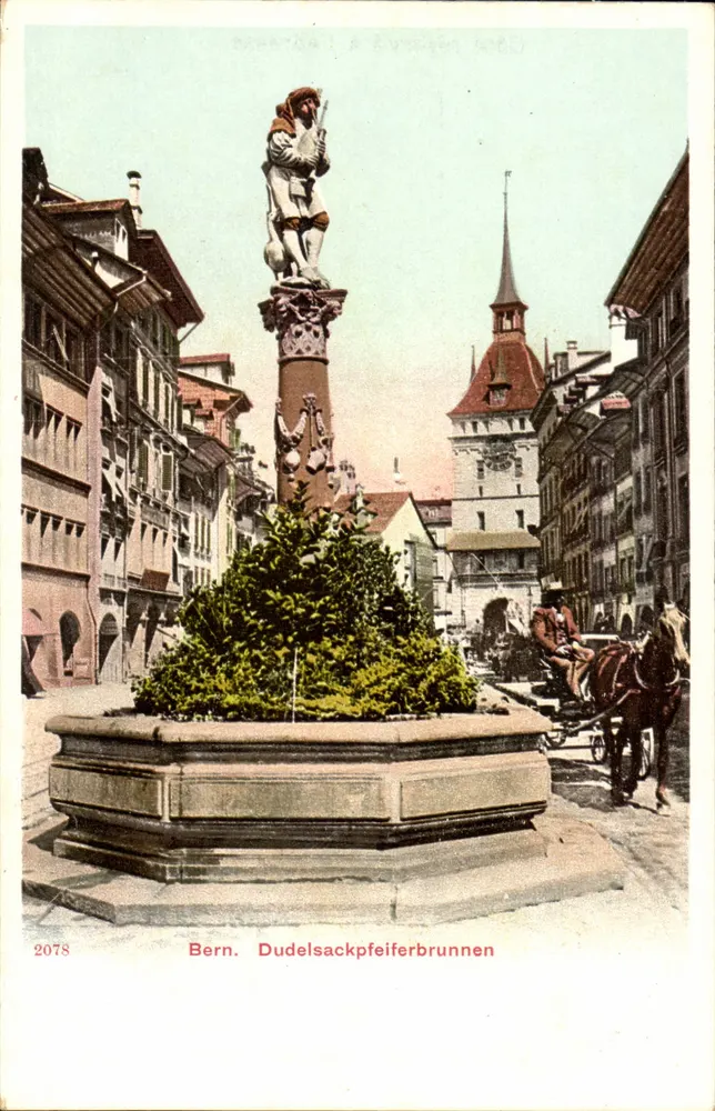 Bern. Dudelsackpfeiferbrunnen — estátua de um músico sobre coluna, com igreja e carruagem — editor anônimo, n° 2078 - Frente