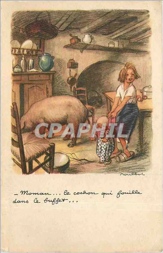 Meisje en varken in een keuken — tekening van Roussel — uitgever niet zichtbaar - Voorkant