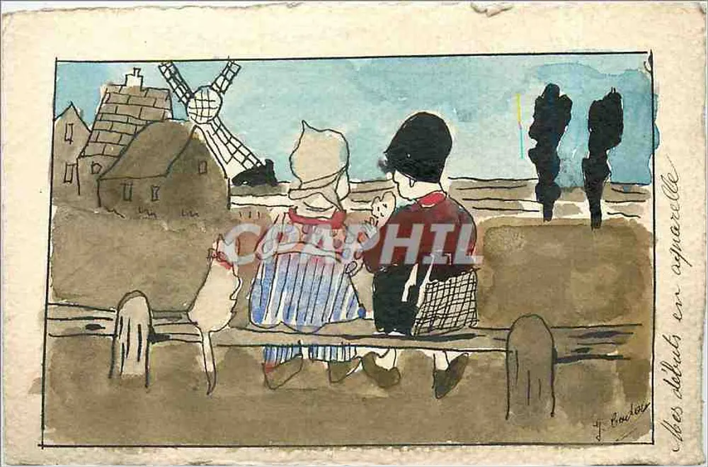 Two children and a cat in front of a windmill — watercolor drawing — J. Baudour - Front