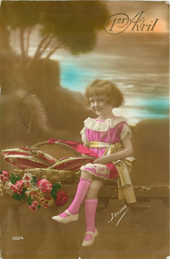 Menina em vestido rosa — com cesta de peixes e flores — edit. Irise, n° 3604 - Frente