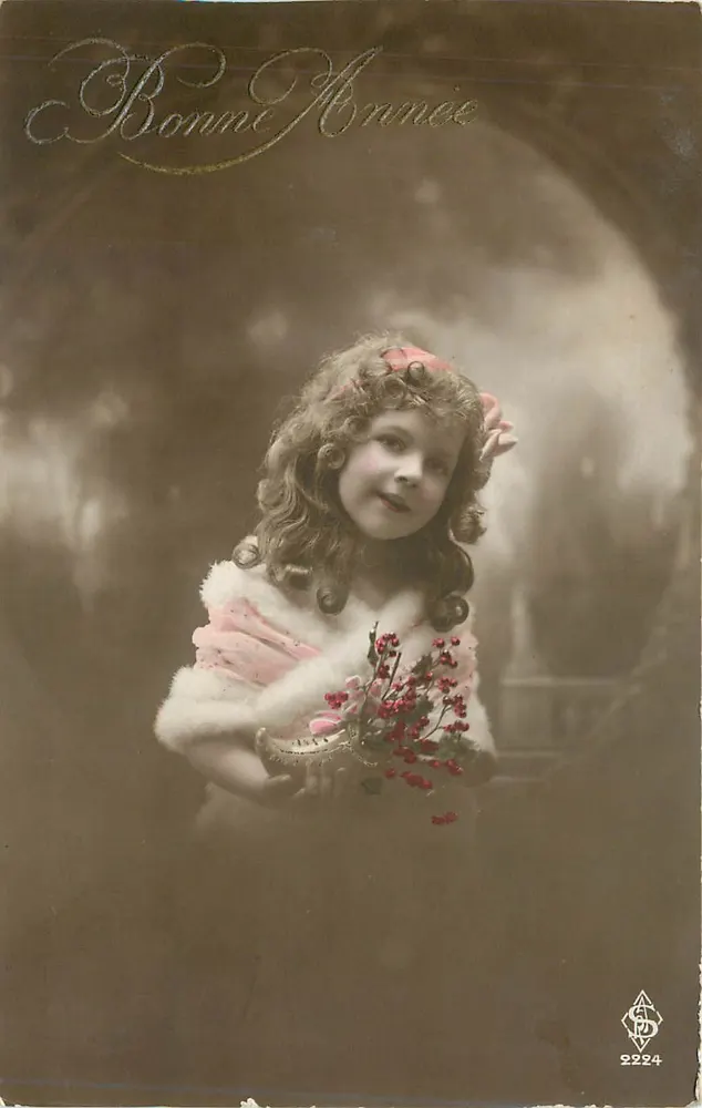 Menina em vestido rosa segurando um buquê — Boa Ano — S.D. n°2224 - Frente