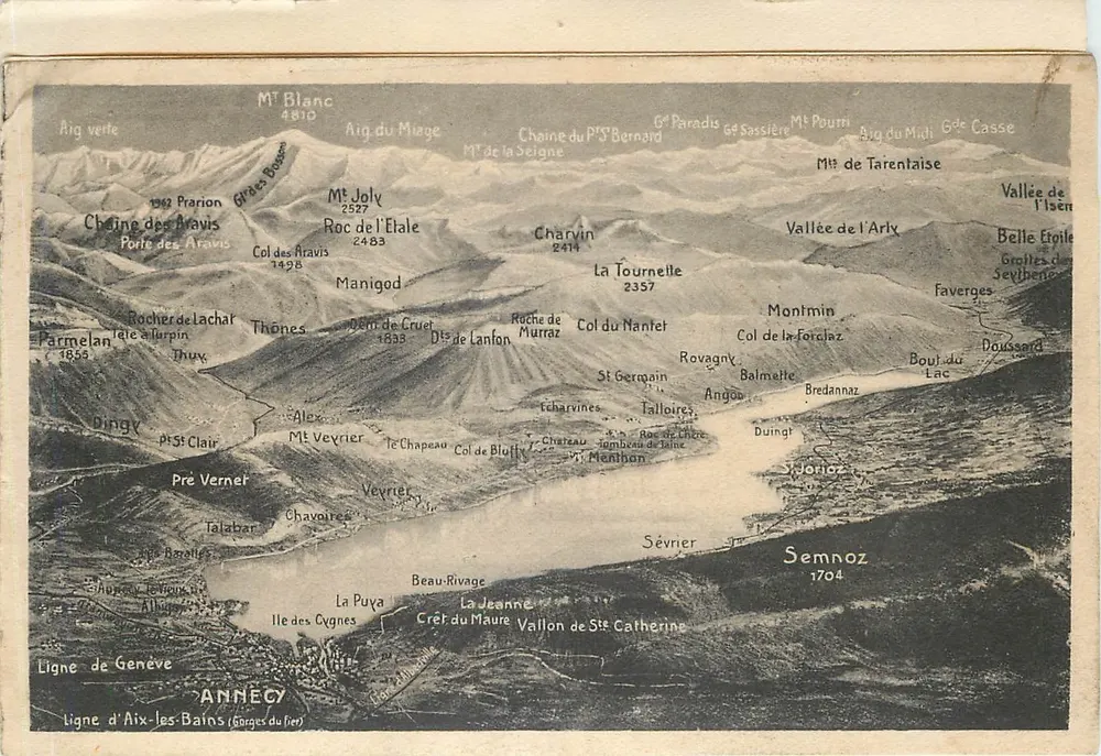 Annecy — vue aérienne des Alpes et du lac — éditeur anonyme, n° de série non visible - Frente