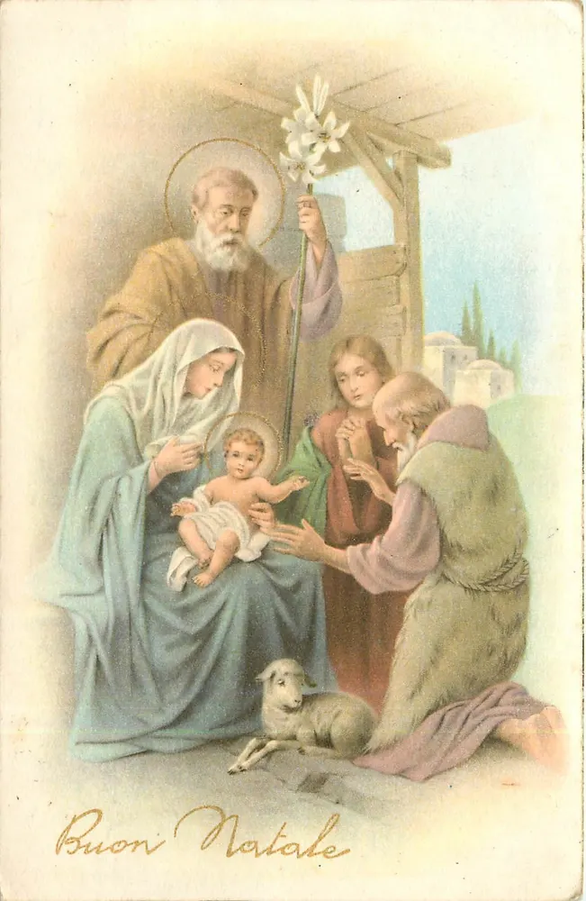 Natividade — São José, Maria, o Menino Jesus e um pastor — texto 'Buon Natale' embaixo - Frente