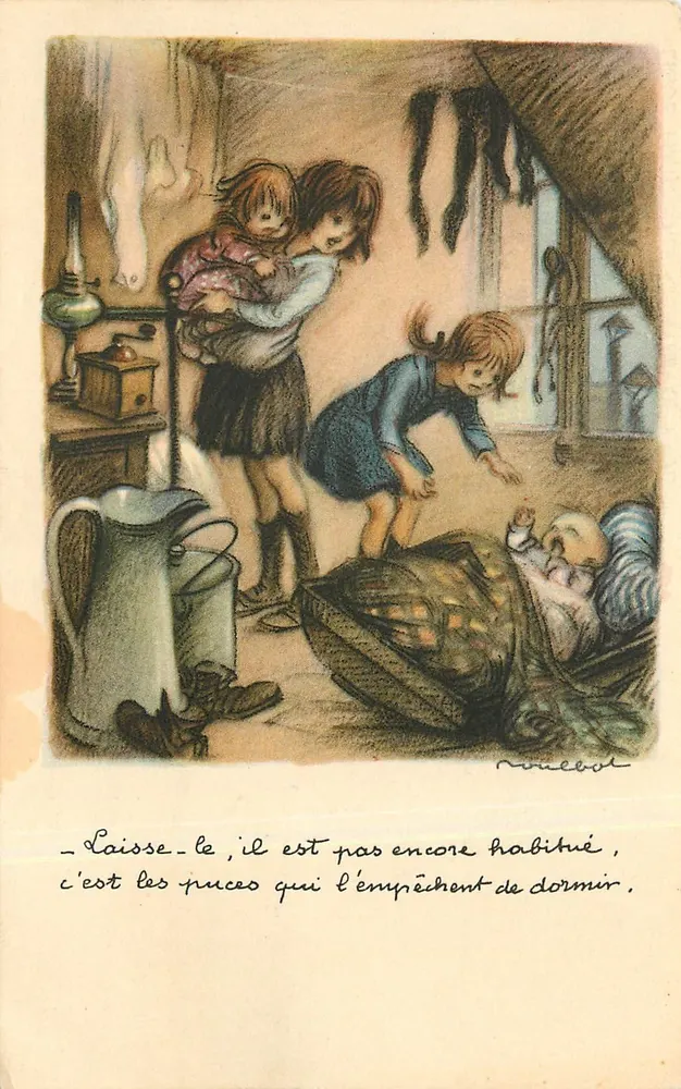 Enfants aidant un bébé à dormir — scène domestique — dessin de M. Rivecot - Recto